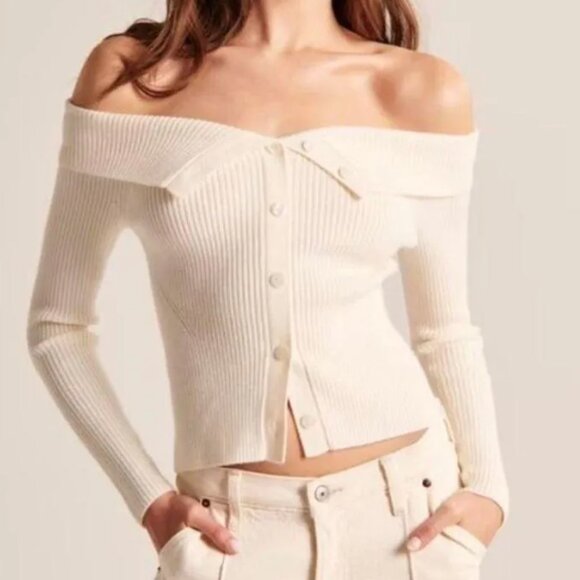 Abercrombie & Fitch Cream Off Shoulder Collar Ribbed Sweater NWT - Picture 1 of 5